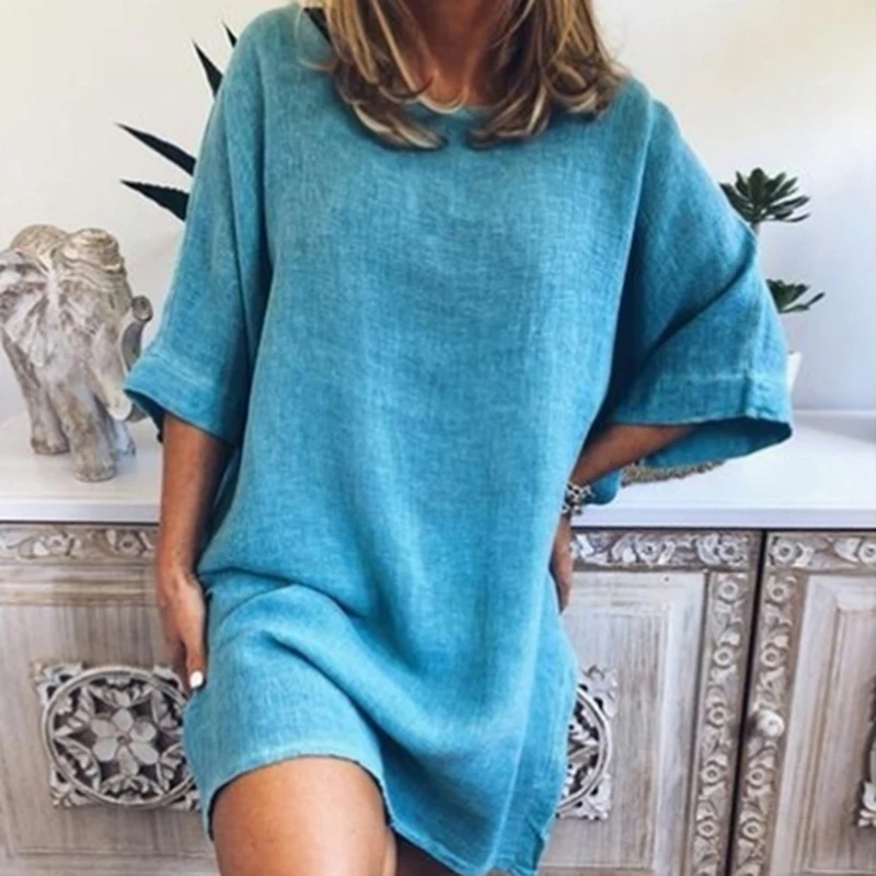 Повседневное свободное одноцветное хлопковое льняное модное платье летнее