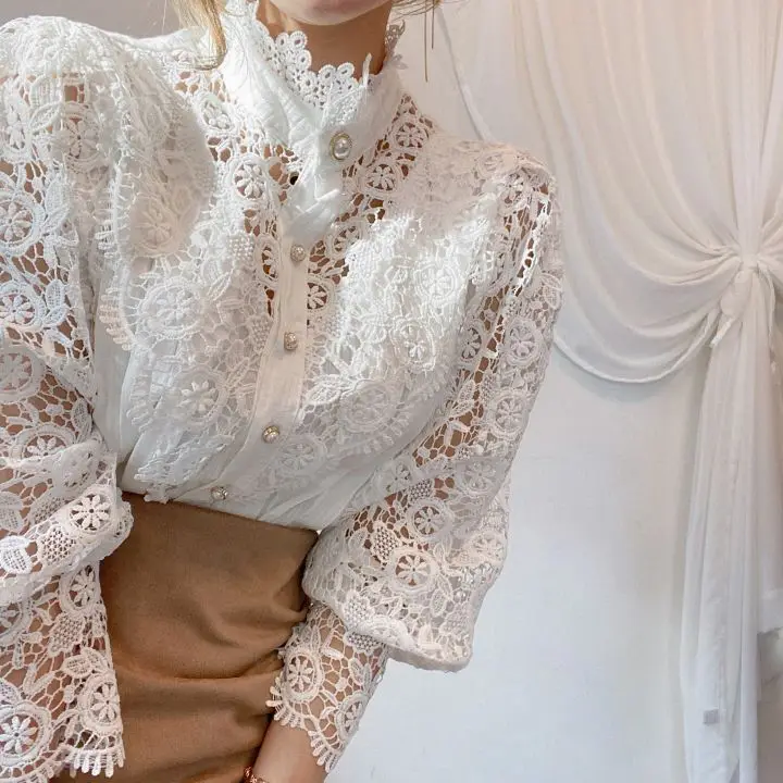 

All-match Femme Blusas Petal Sleeve Women Blouses Chic Button Hollow Out Flower Lace Patchwork Shirt Stand Collar