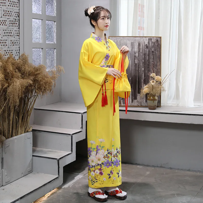 

Oriental Style Formal Dress Yellow Classic Japanese Vintage Lady Kimono Women Female Stage Show Yukata японская одежда