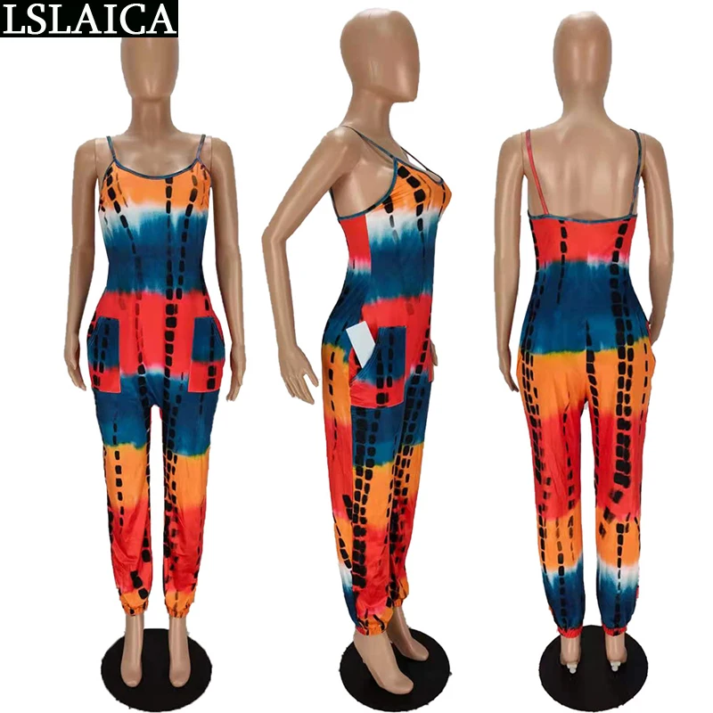 

Women's Clothing Summer 2021 High Waist Sleeveless Tie Dye Print One Piece Jumpsuit Streetwear Summer Fashion Bodysuit ladies