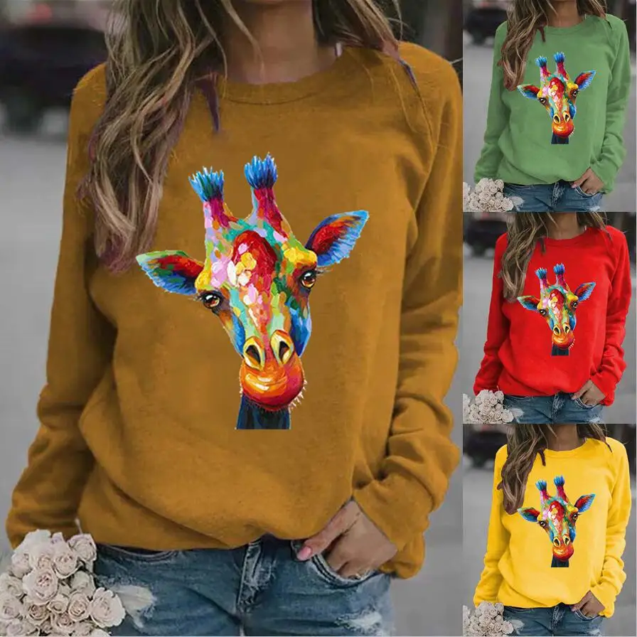 

Женская толстовка с капюшоном, разноцветные толстовки с принтом головы жирафа, Женская флисовая Свободная Толстовка с длинным рукавом и кр...