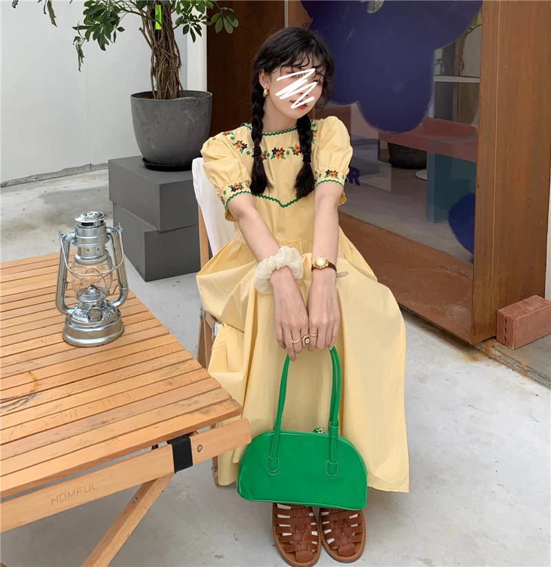 

COIGARSAM Vintage Floral Women Long dress Summer Embroidery High Waist Dresses 6903