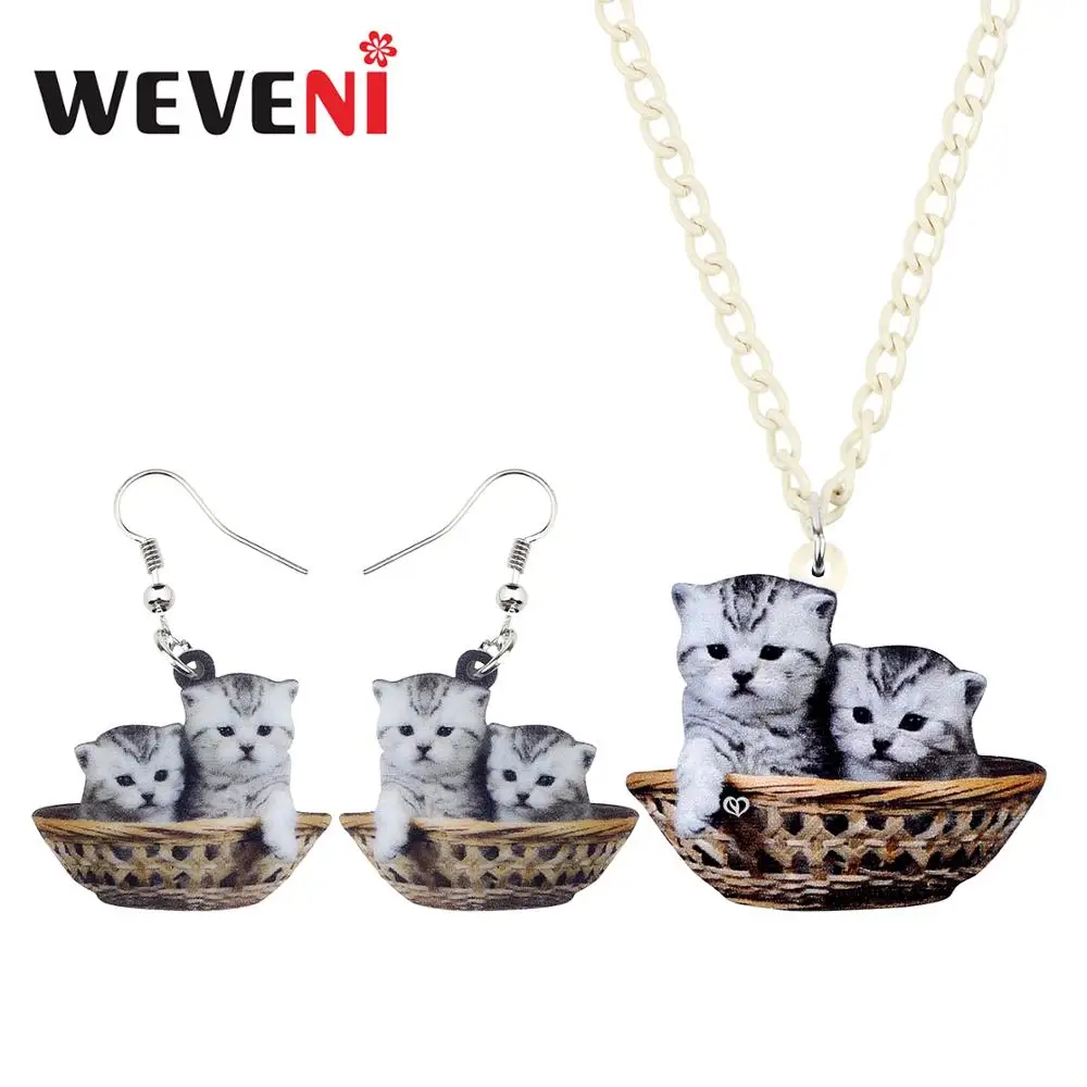 WEVENI акриловые Милые серые двойные котята кошка корзина ожерелье серьги