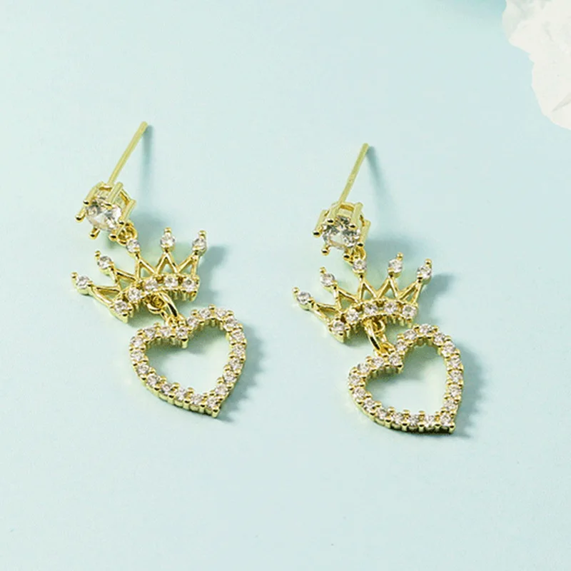 

KOFSAC Shiny Zircon Crown Love Heart Stud Earrings For Women Party Fashion 925 Sterling Silver Jewelry Lady Wedding Accessories