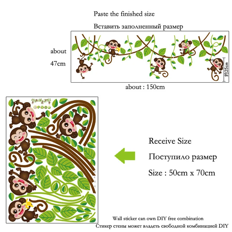 

Cute mini monkeys Wall Stickers for kids room Art Decals Vinyl 3D animals plants Wallpaper sticker bedroom nursery home decor