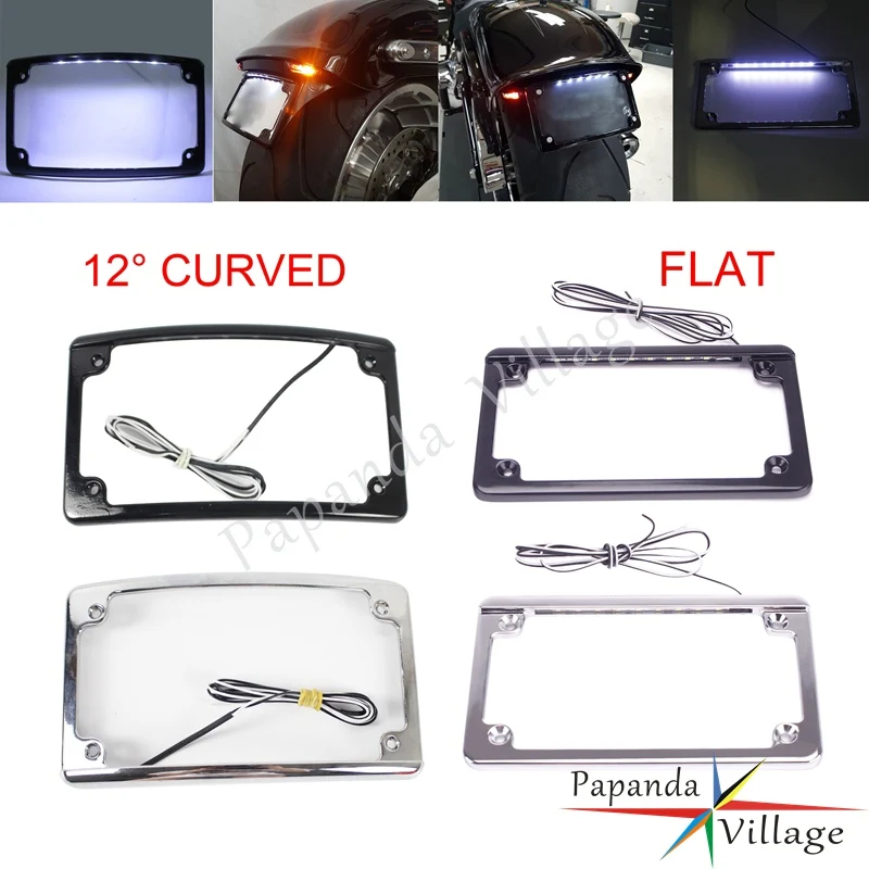 

12° Curved / Flat 7-3/16" x 4-1/4" License Plate Frame LED Light Registration Frame for Harley Touring Road King Cafe Racer