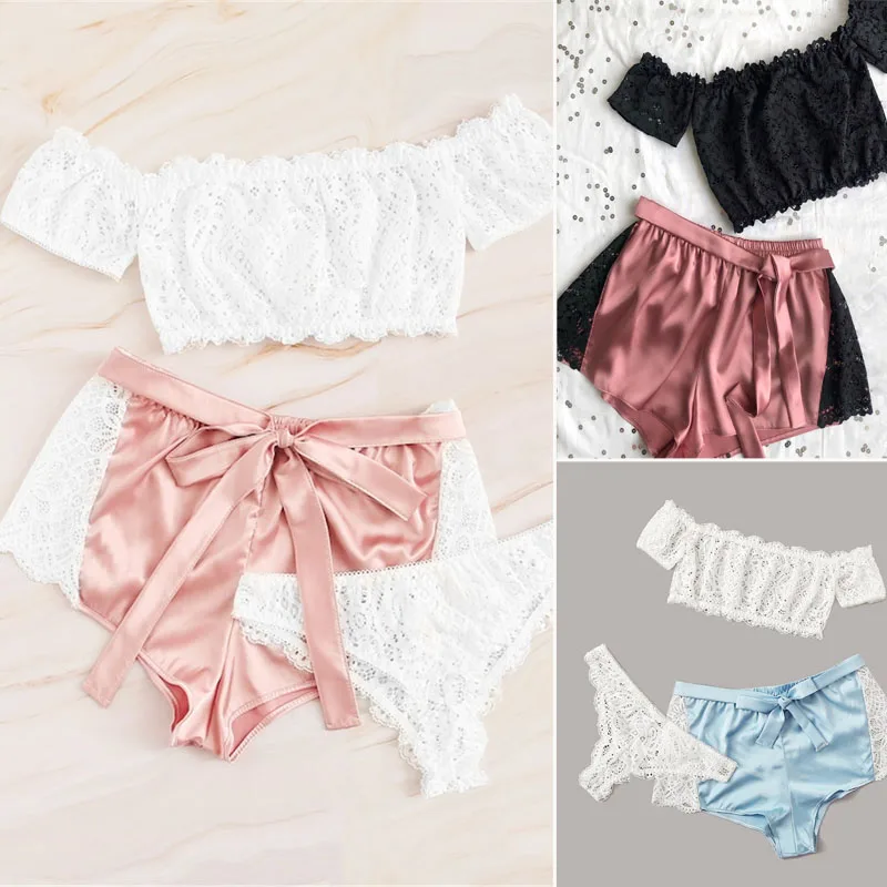 Женские атласные шелковые кружевные пижамные шорты Стринги Babydoll нижнее белье Ночная рубашка пижамы комплект из 3 предметов