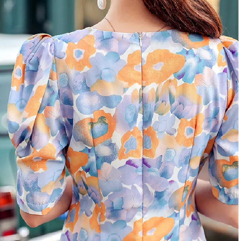 

summer Women A-line Dress V Collar Short Puff Sleeve Flower Print French Slim Vestidos Female Elegant Mid-Calf Dresses