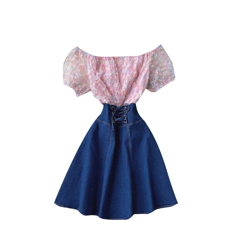 

Sweet Dress Female Design Sense Three-dimensional Mesh Gauze Bubble Sleeve Contrast Color Stitching High Waist Denim Short Dress