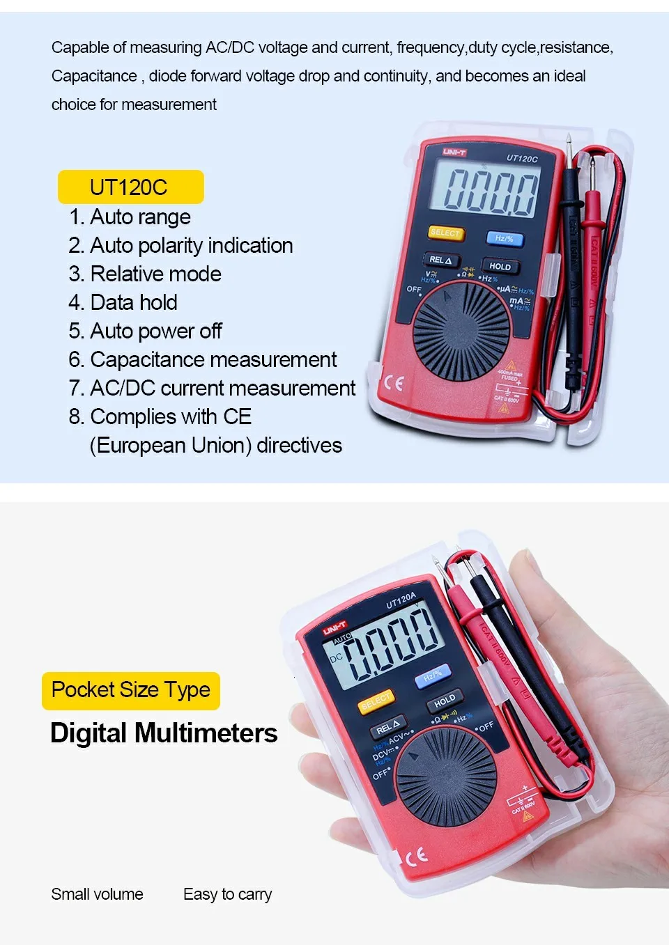 Ручной цифровой мультиметр UNI-T UT120A UT120B UT120C мини мультиметр AC DC напряжение сопротивление частота тест er диод тест