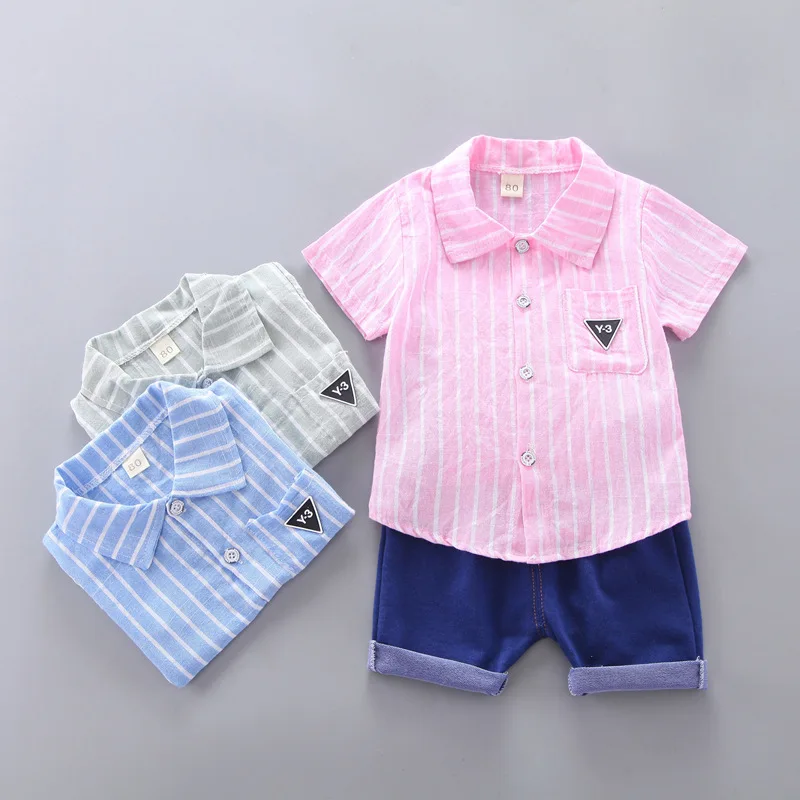 

2021 новые летние для маленьких мальчиков с отложным воротником в полоску рубашка с короткими рукавами комплект из двух предметов От 0 до 4 лет...