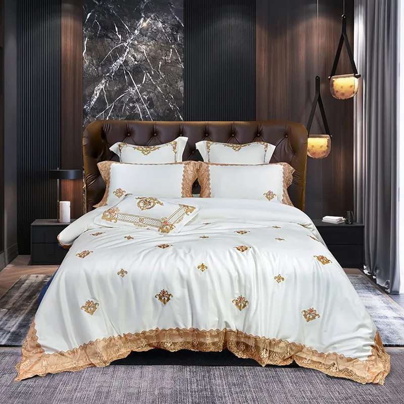 

600TC Egypian cotton Bedding Sets Luxury Lace Embroidery White Duvet Cover 4/7pcs Queen King Extra King bed sheet pillowcases