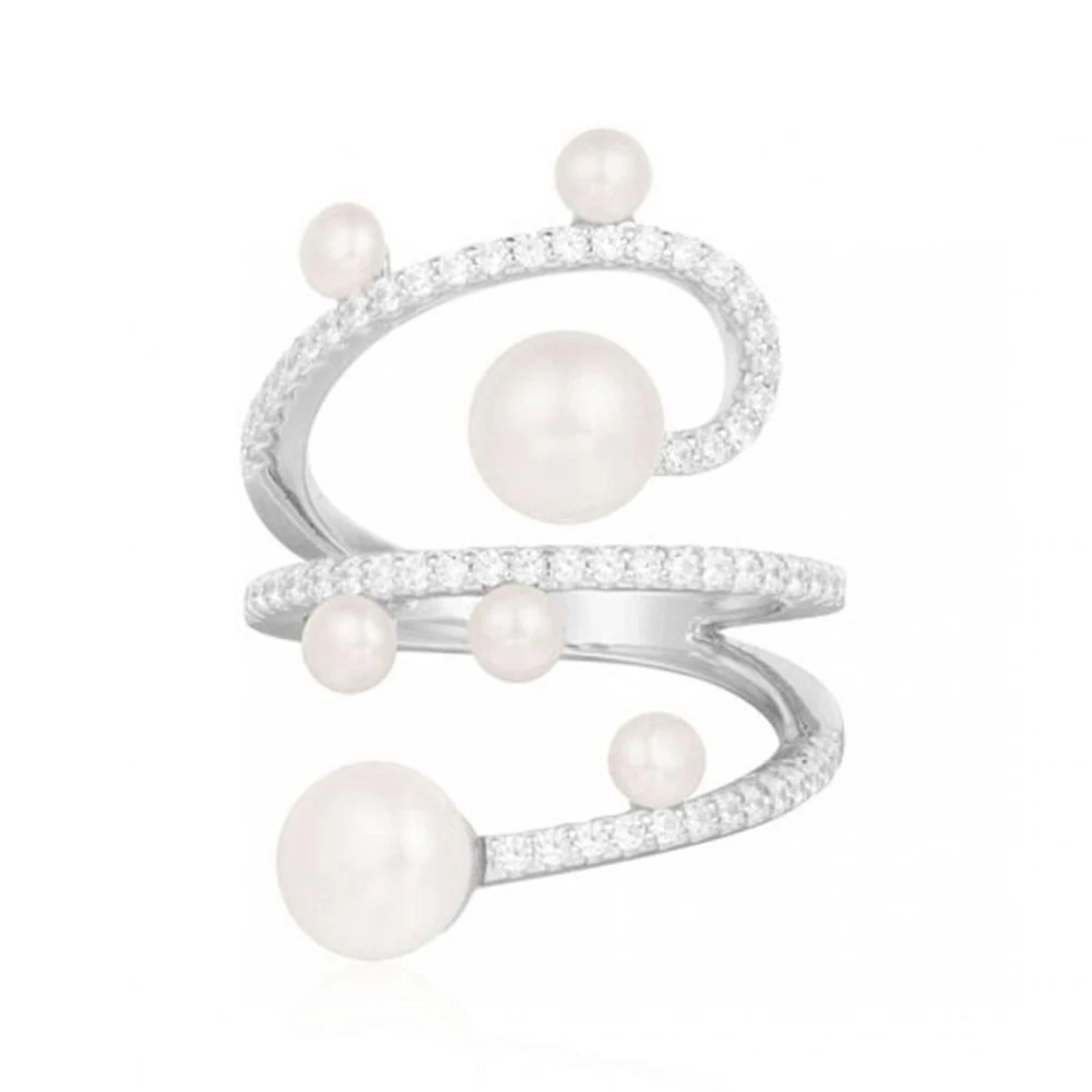 

Fashion High Quality Double Freshwater Pearl Cubic Zirconia Cuff Ring Elegant Collection Ladies Party Jewellery