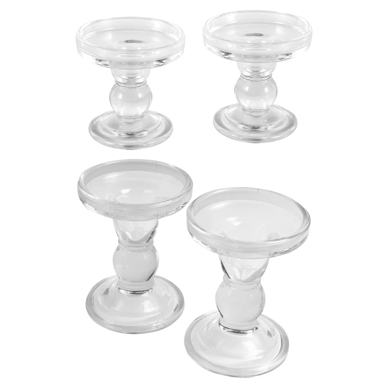 

4 Pcs Clear Glass Pillar Candle Holder, Dual Use Taper Candle Stand For Pillar Candlesticks 3.15Inch & 4.5Inch