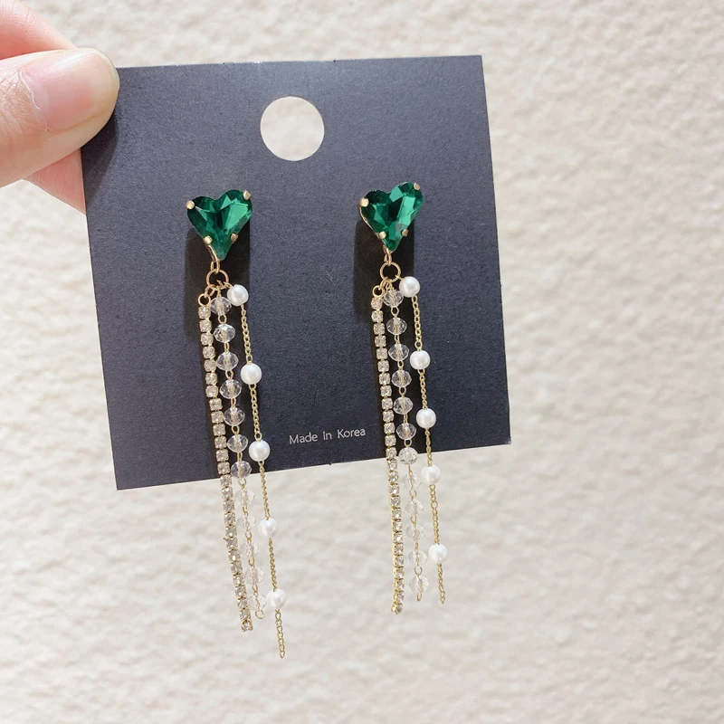 Женские длинные серьги с кристаллами MENGJIQIAO корейские подвесками в форме сердца и