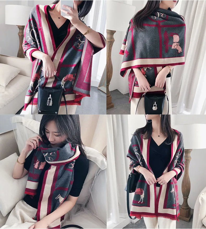 Luxury Winter Cashmere Scarf For Women Warm Pashmina Shawls and Wraps Fashion Chain Animal Print Kerchief Scarves For Lady