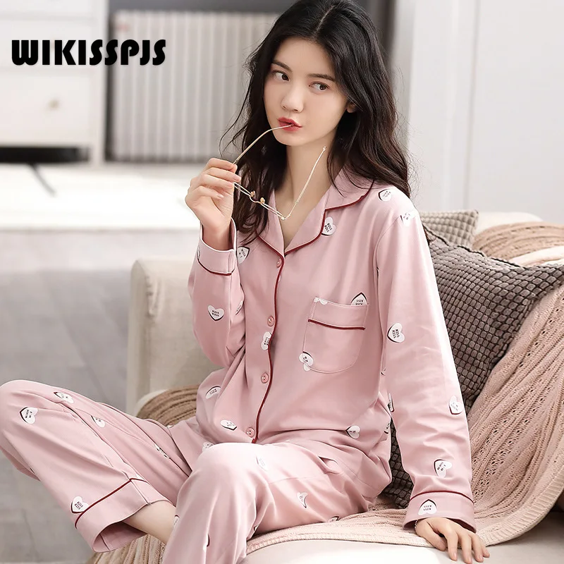 WIKISSPJS 2021 New Autumn and Winter Women's Pajamas Cotton Comfortable Korean Lapel Lovely Printed Home Clothes Set Pjs