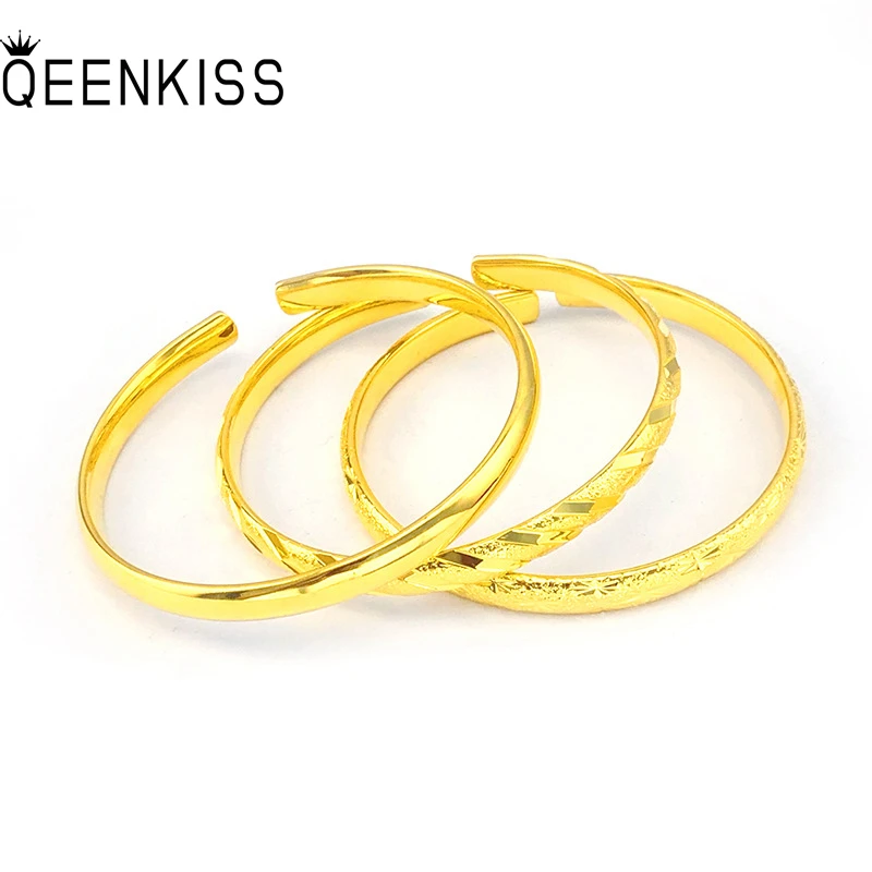 

QEENKISS BT528 Fine Jewelry Wholesale Fashion Hot Woman Girl Birthday Wedding Gift Round Retro 24KT Gold Opening Bracelet Bangle