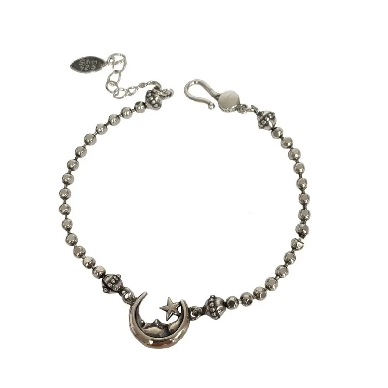 

S925 Thai silver retro simple star moon Bracelet women's fashion personality versatile minority Design Sterling Silver Bracelet