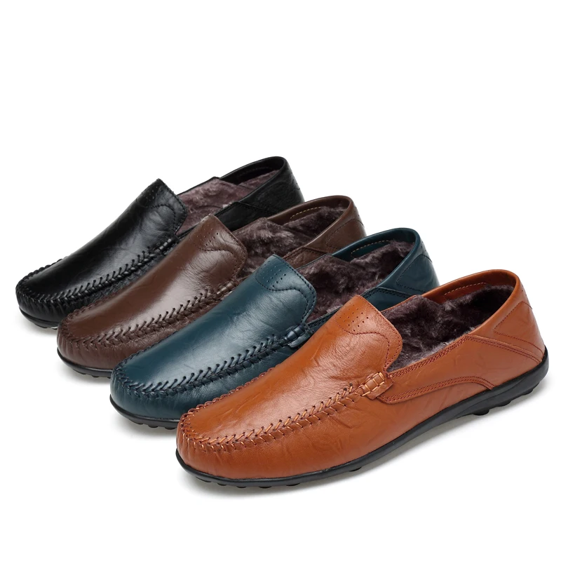 

Warm Fur Winter Men Shoes Casual Luxury Brand Genuine Leather Men Loafers Moccasins Breathable Slip on Boat Shoes Big Size 36-47
