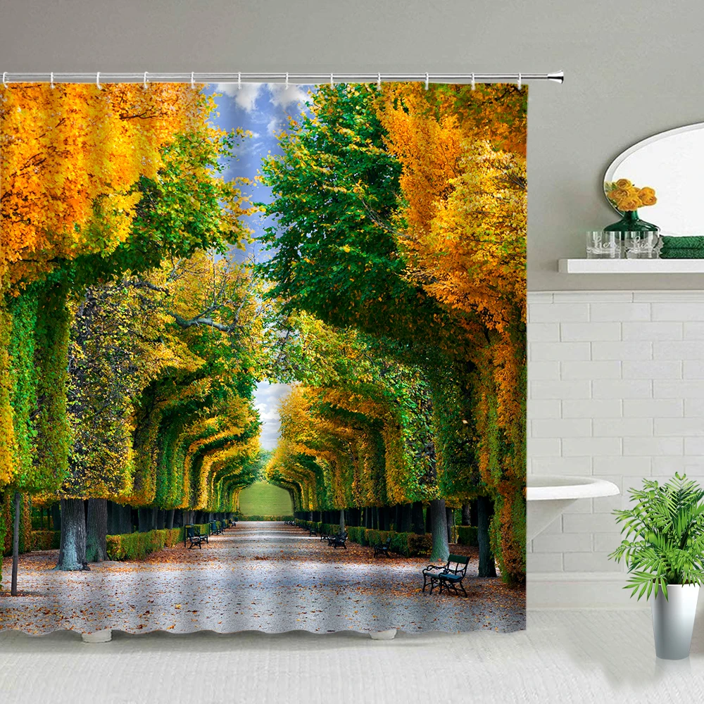 

Forest Park Landscape Shower Curtains Waterfall Tree Paris Tower Scenery Bathroom Waterproof Fabric Chic Curtain Set With Hooks