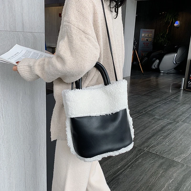 

Hit Color Shoulder Bag,Plush Bucket Bags,Soft Warm Messenger Bag for Autumn Winter Female,Handbag