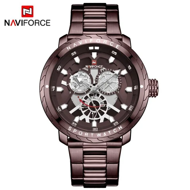 Новинка NAVIFORCE мужские часы Новые кварцевые 30 м Водонепроницаемые Дата Неделя мужские из нержавеющей стали мужские модные повседневные спортивные часы подарок для мужчин - Цвет: coffee