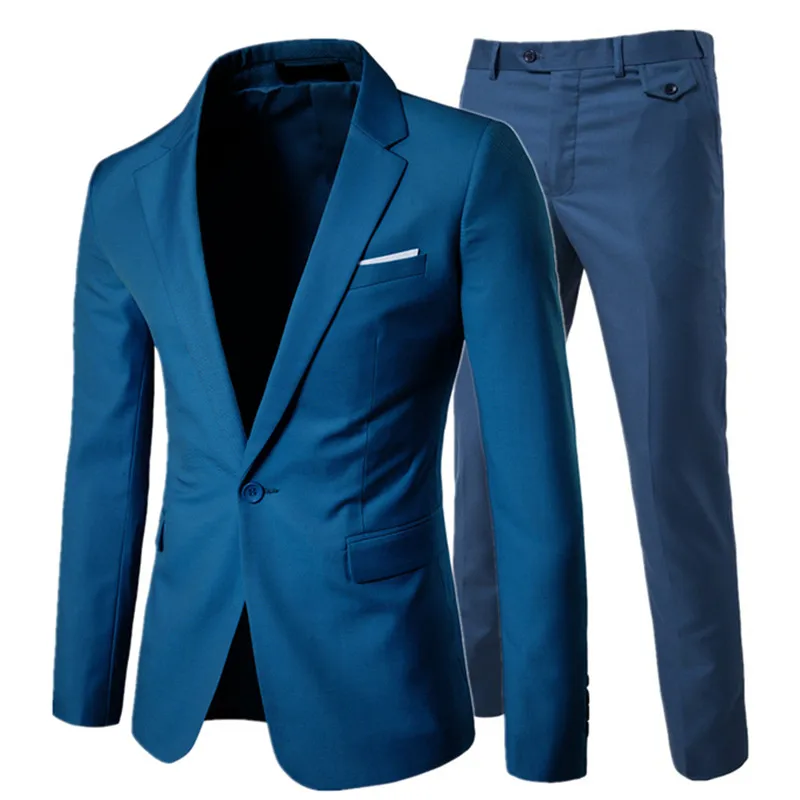 sea blue 2-pcs set Куртка+ брюки+ жилет) Роскошные мужские повседневные Свадебные смокинги мужская одежда мужской тонкий костюм модные мужские деловые вечерние костюмы - Цвет: sea blue 2-pcs set