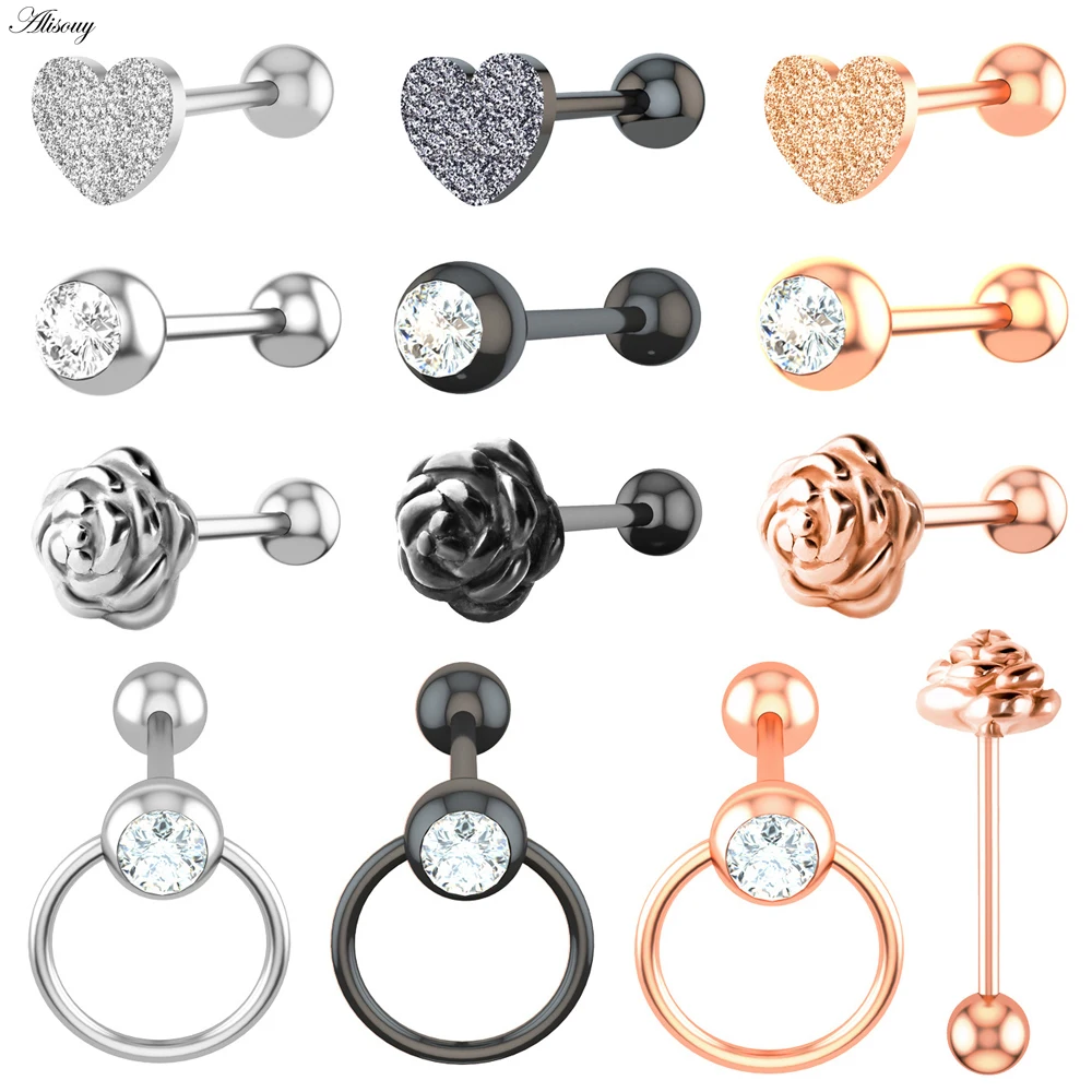 Alisouy 1pc чехол с изображением сердечка цветка Циркон мяч Нержавеющая сталь штанга для пирсинга языка нить унисекс 14G кольцо для пирсинга губ кольца бар, ювелирное изделие для тела