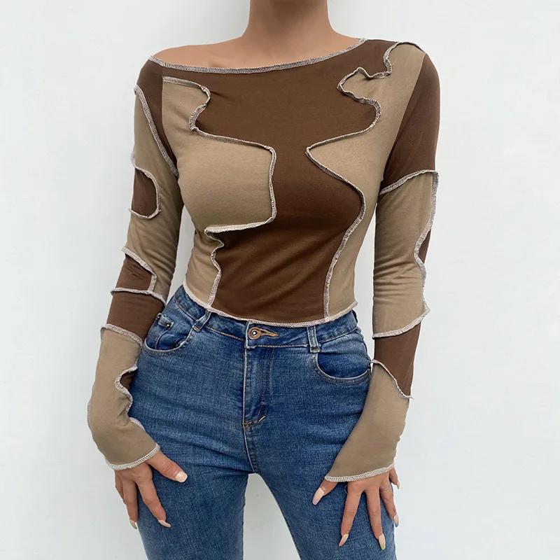 

Spring Autumn 2021 New Women's Splicing Long Sleeves Sexy Tops Tee T shirt England Fashion Tshirt Clothes