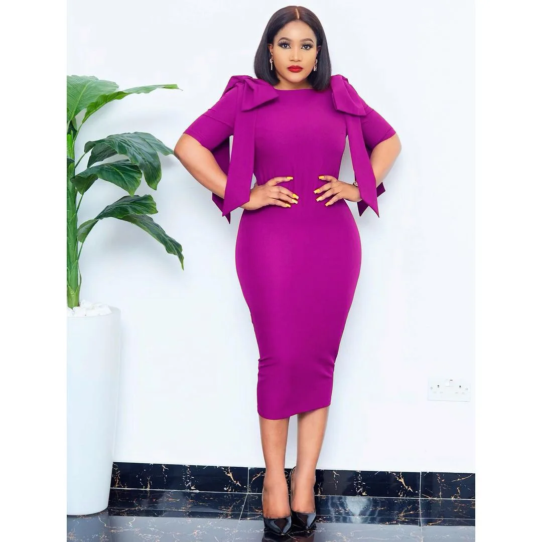 

African Summer Dress Women's Fashion Bow O Collar Hip Slim Pencil Mid-calf Dress Elegant Office Plus Dresses Red Blue Vestidos