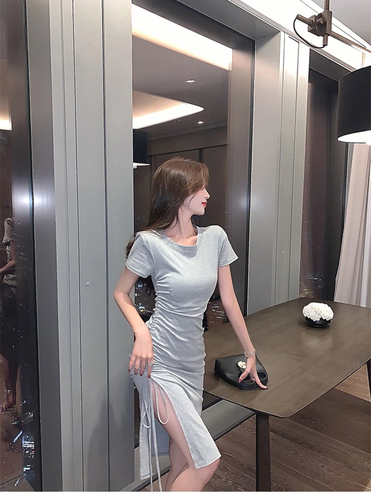 

Sexy Dress With Slit Summer Short Sleeved High-Waisted Dress Retro Elegant Package Buttocks Long Skirt 2021 Women's Clothing