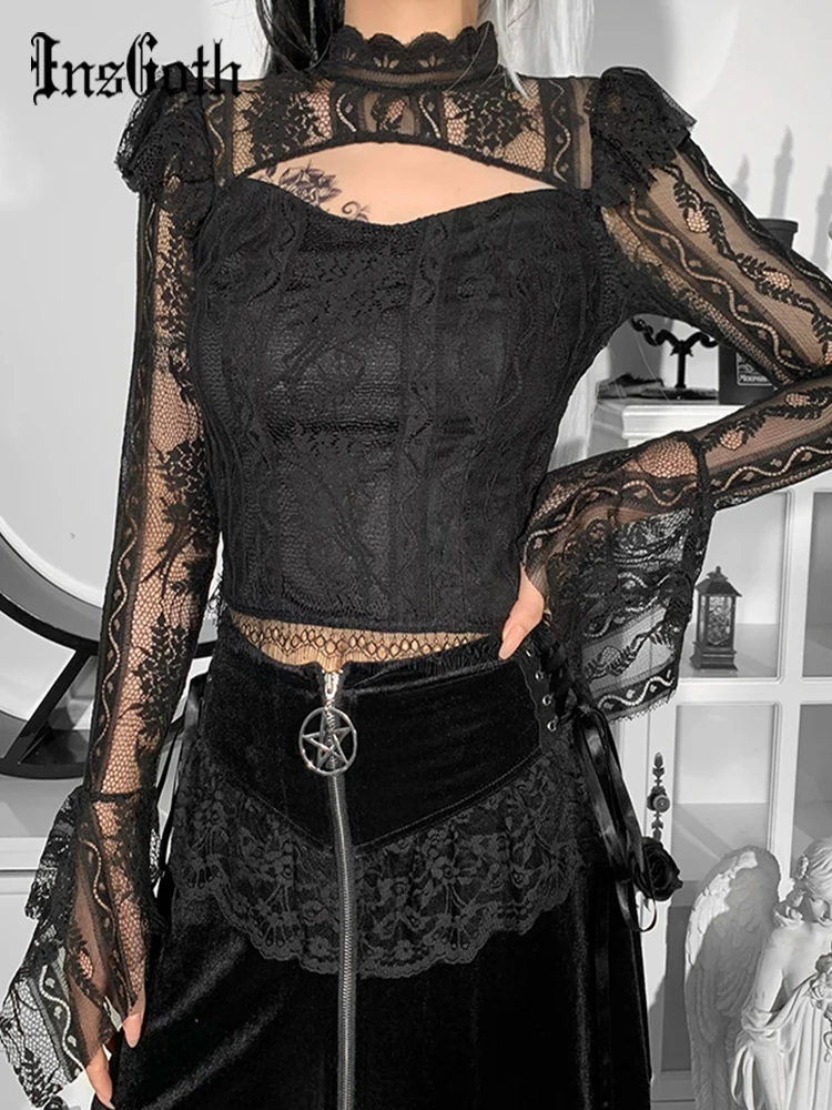 

InsGoth Fairy Grunge Sexy Lace T-shirts Hollow Out Aesthetic See Through Black Flare Sleeve Cropped Top Gothic Streetwear Chic