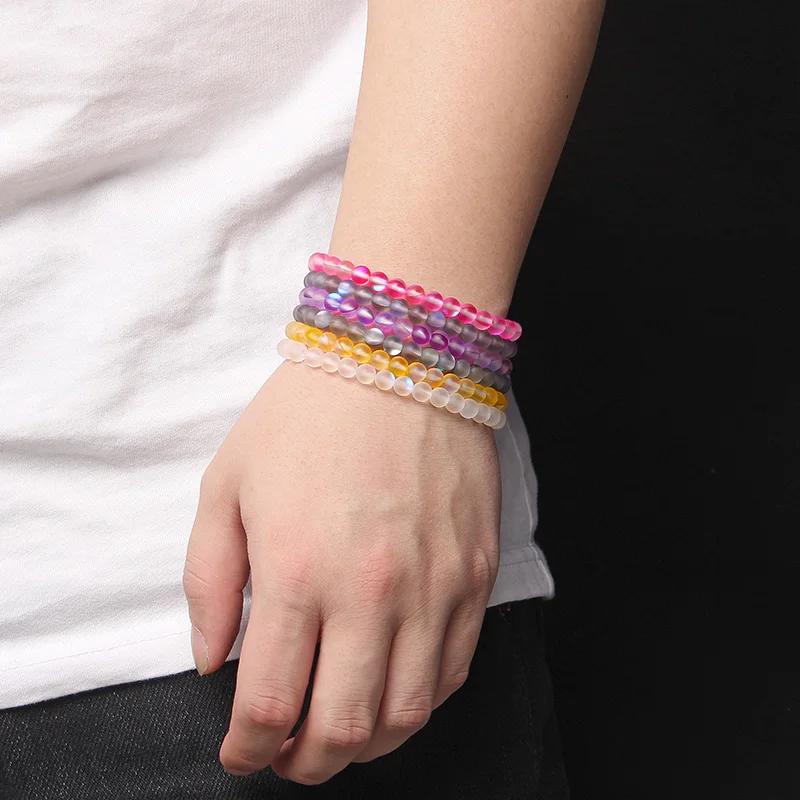 

Handmade Colorful Shiny Moonstone Glass Beads 6mm Matte Round Crystal Stone Beaded Bracelet for Womne Men Couples Jewelry Gifts