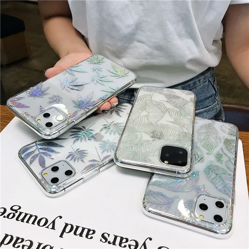 Прозрачный чехол с блестящими листьями для iPhone 12 11 Pro X XS Max XR 6 6S 8 7 Plus прозрачная