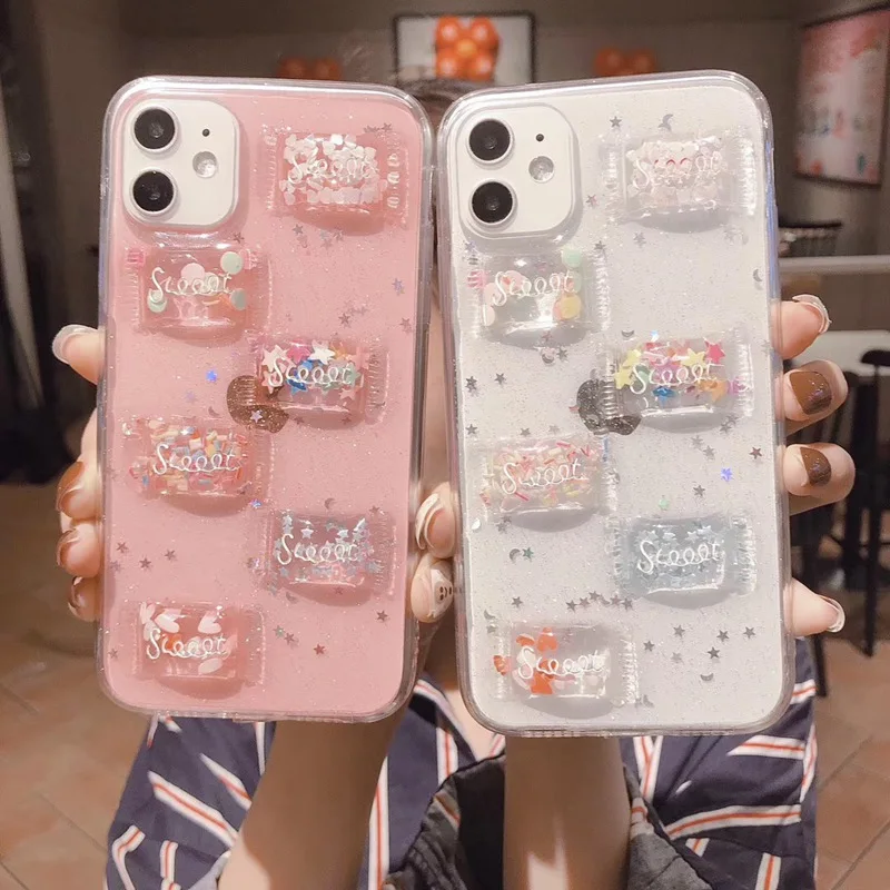 

Tfshining INS Cute 3D Pink Sweet Candy Phone Cases For iphone 12 11 XR XS Pro Max X 6 S 7 8 Plus Transparent Glitter Cover Gifts