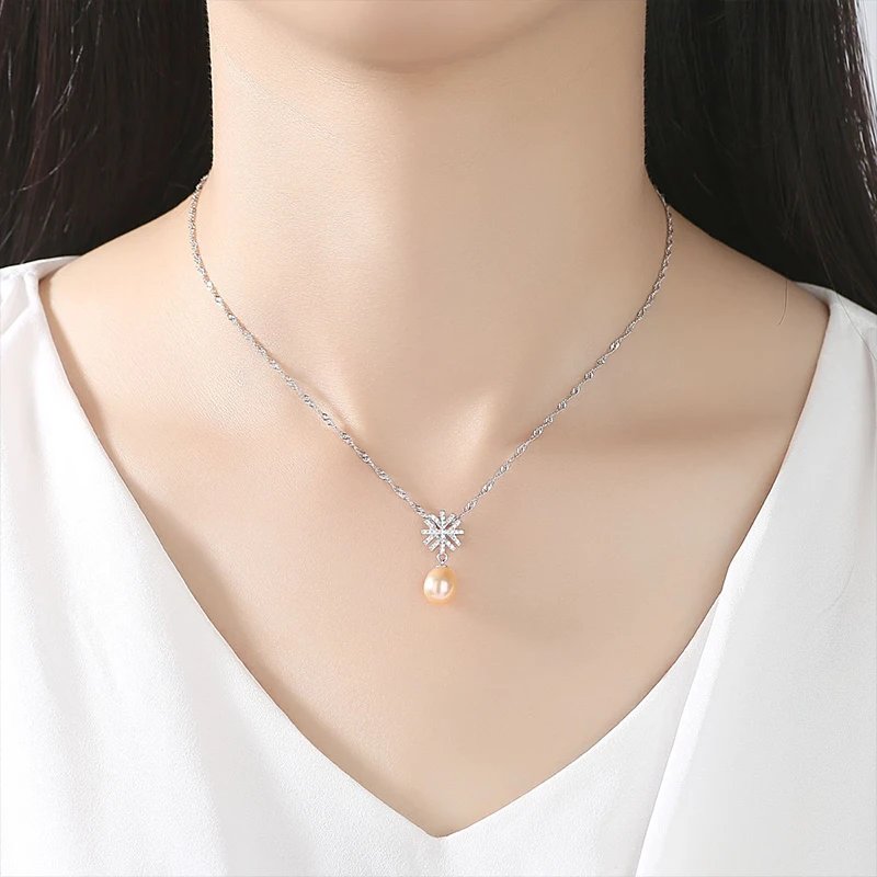 DOTEFFIL New 925 Silver Chain Water-Wave Snowflake Pearl Necklace Pendant Natural Freshwater Jewelry Link Women Gift | Украшения и