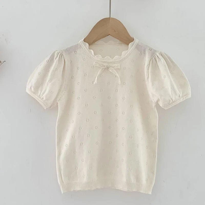 

Summer Baby Girls Short Sleeve Solid Pullover Sweater Children Knitted Sweaters Hollow Breathable Kids Knitting Sweaters