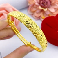 vintage carved bangle for women 24k gold plated dragon phoenix female push and pull bracelet bridal wedding jewelry gift