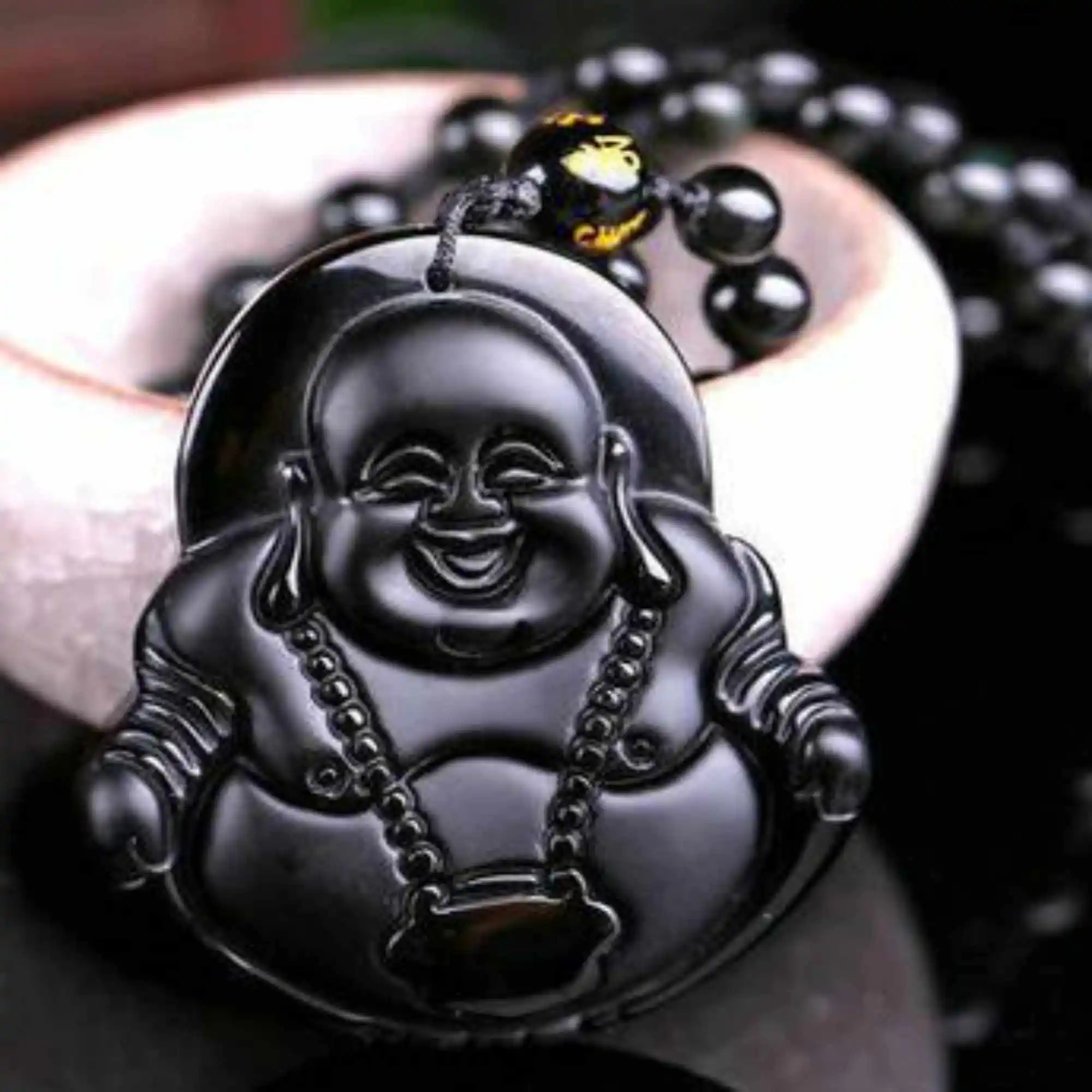 

Natural Obsidian gemstone pendant Buddha necklace gift Bohemia Elegant Beaded Seven Chakras Chakra Mental Blessing Yoga Chain