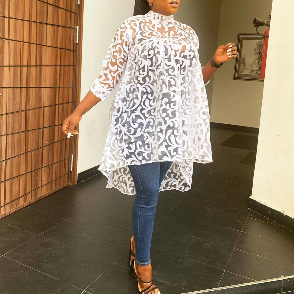 

Women Loose Blouse Shirt Mid-Length Sleeve Three-Quarter Stand Collar Pullover Asymmetric Fashion Sexy Perspective Fall 2020