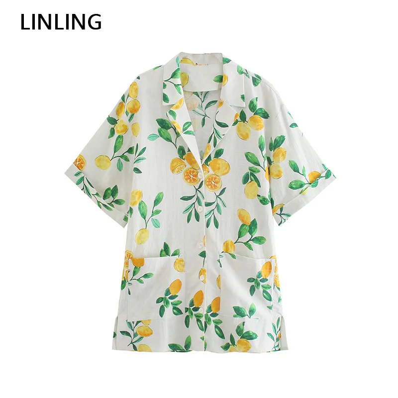 

LINLING 2021 Summer Women Fashion Lemon Print Short Sleeve Shirt Dress Za Female Chic Buttons Pocket Casual Loose Mini Dress