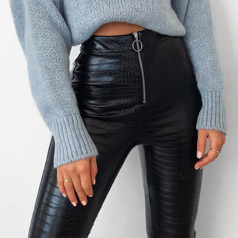 

Женские узкие кожаные брюки WLLWLP с завышенной талией и крокодиловым узором, модные черные брюки-карандаш на молнии A752
