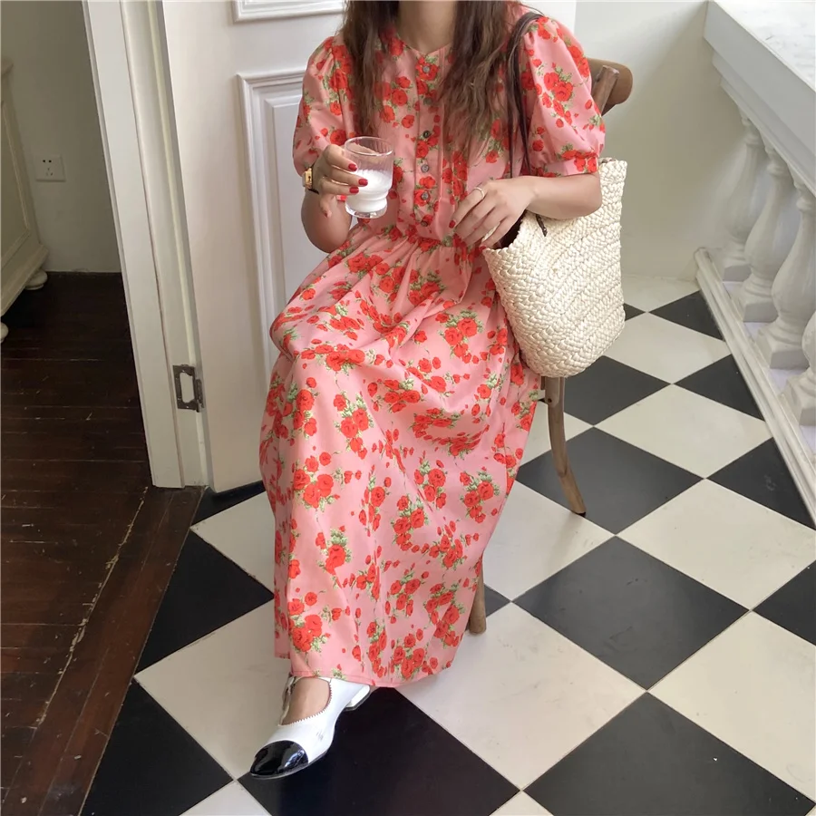 

Summer Korean Style Sweet Round Neck Puff Sleeve Loose Mid-Length Floral Dress Loose High Waist Floral Dress Sexy Dress Women