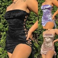 womens crushed velvet bodycon mini dress ladies boob tube lace up cami dresses