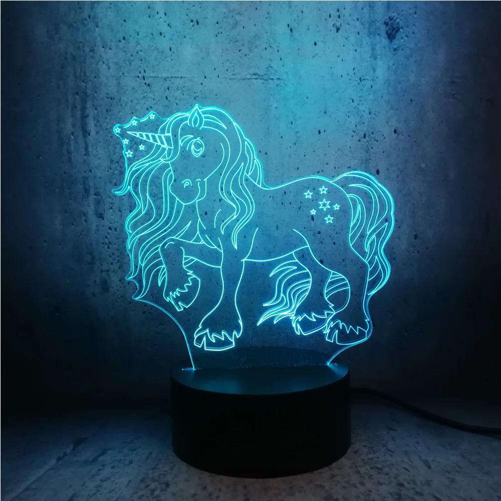 3D светодиодный светильник ночник длинные волосы единорог лошадь RGB лампа