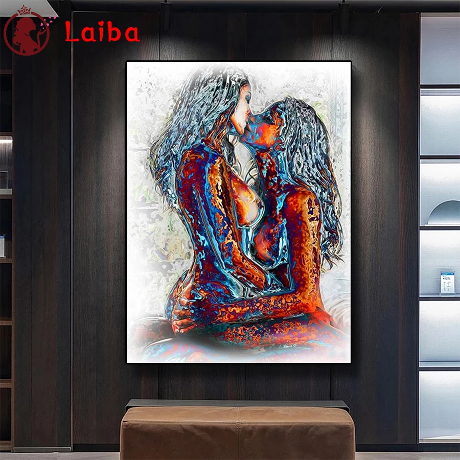 

Diamond Mosaic Abstract sexy female lovers kissing round drill Cross Stitch Diamond Embroidery Art Full Square Decor For Home