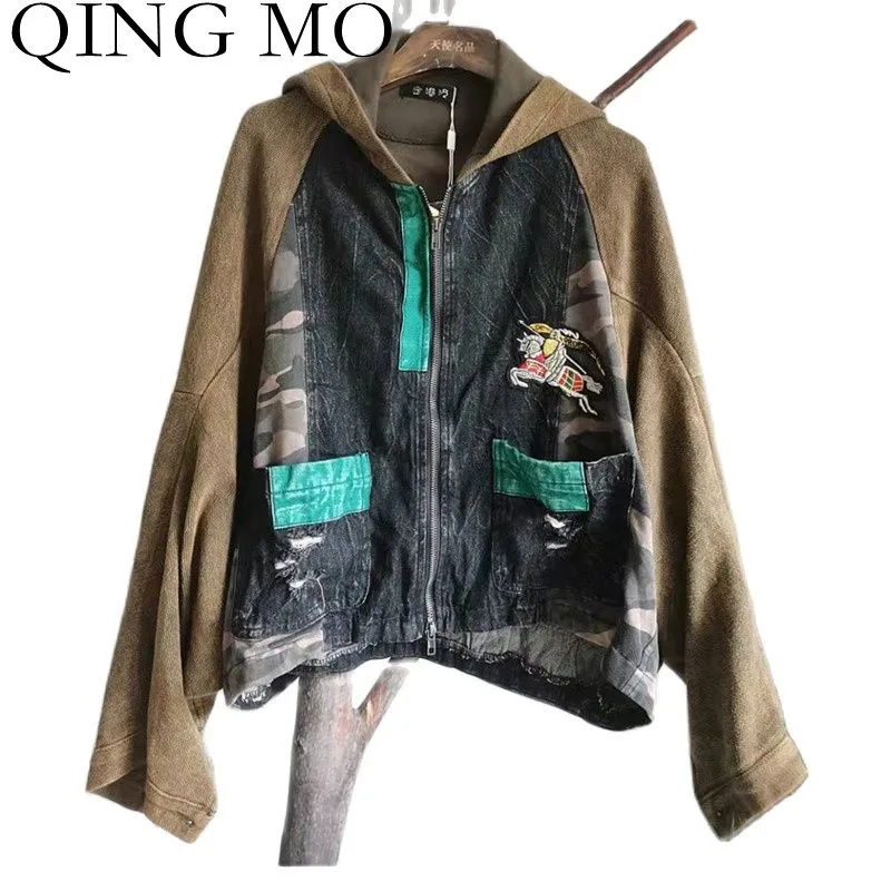 

QING MO Fashion Stitching Bat Sleeve Denim Short Jacket Women 2021 Autumn New Loose Hooded Zipper Cardigan Female Jacket ZWL933