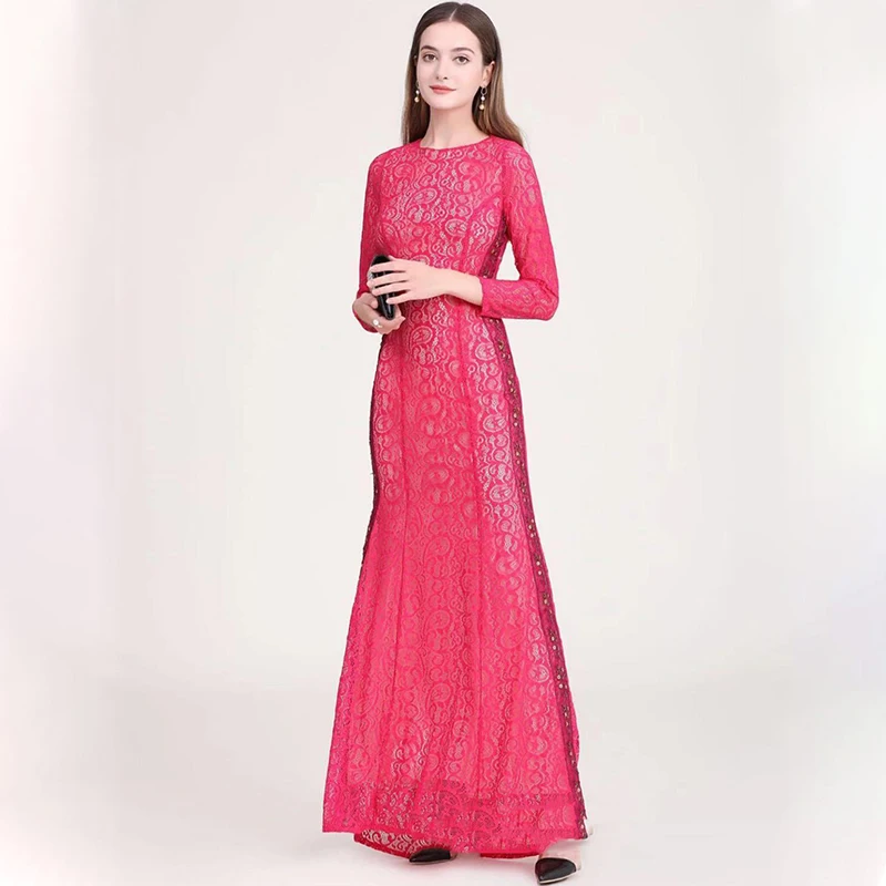 Мусульманское арабское средневосточное женское вечернее платье с цветочным узором, красное кружевное платье с длинным рукавом и вышивкой, ...
