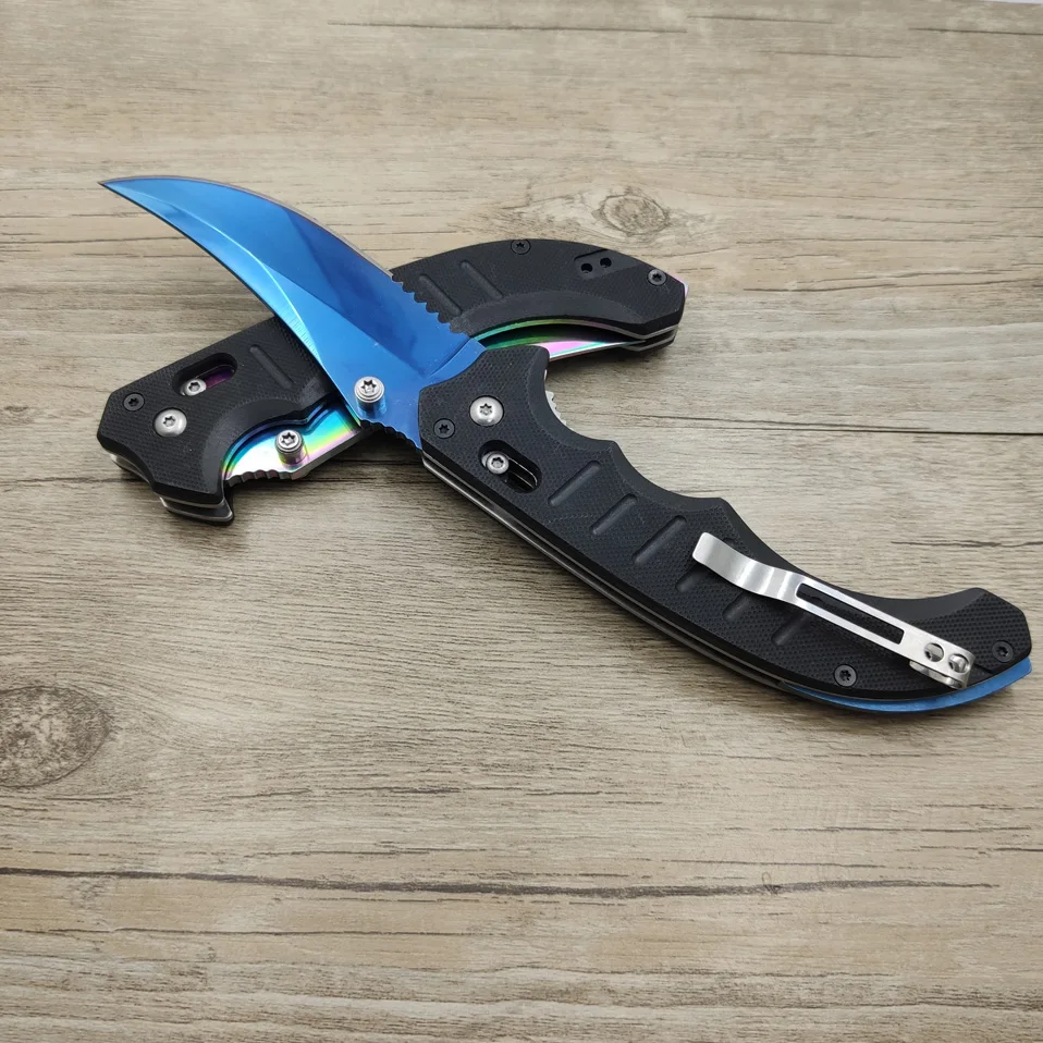 

Dropshipping Tactical CSGO Real folding flip Knife fade colors Blade blue Tactical camping knife for survival G10 handle
